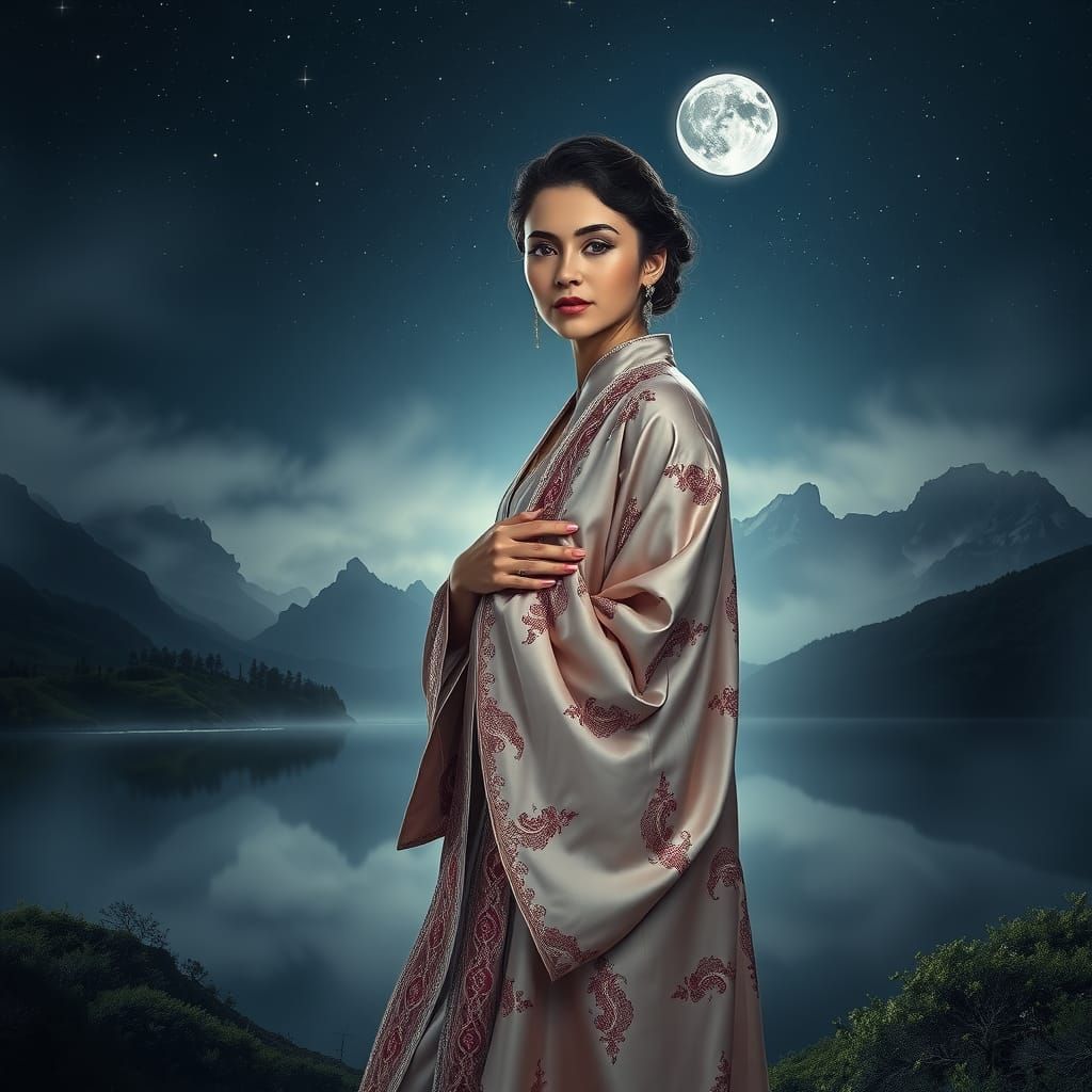 Woman in Embroidered Robes Under Moonlight