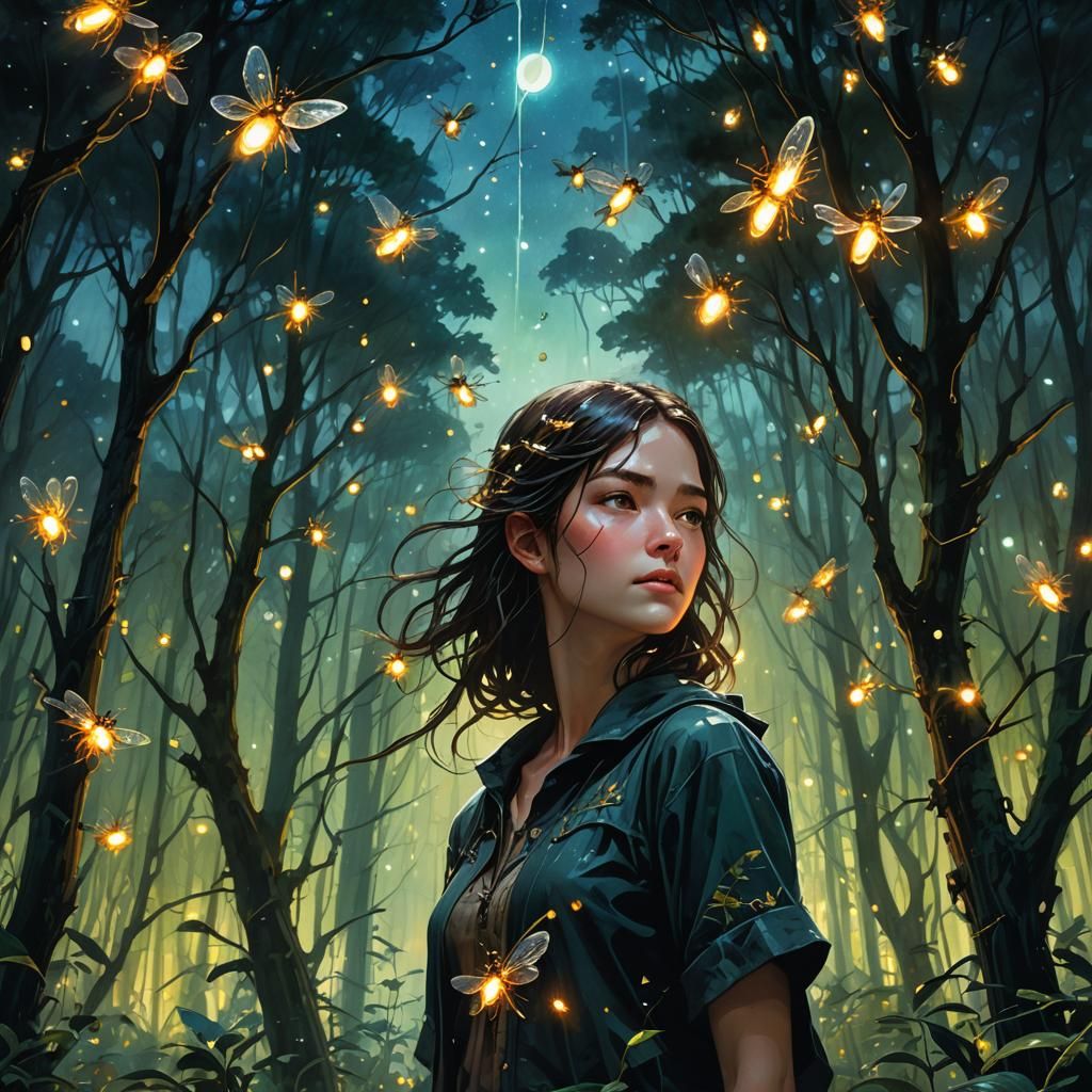 Fireflies Light Forest in Fantasy Art Style