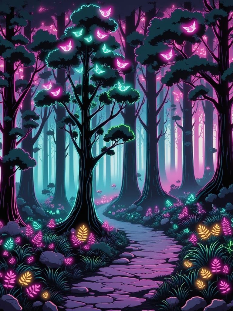 Surreal Neon Forest of VHS Tapes in Cyberpunk Style