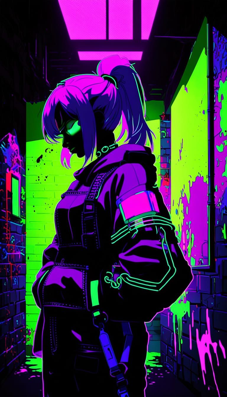 Cyber Goth Girl Spray Painting Graffiti in Dark Studio