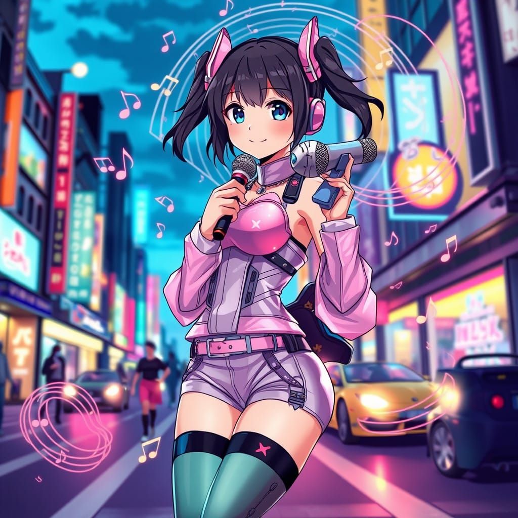 Anime-Inspired Music Girl in Neon Cityscape