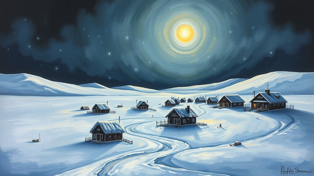 Arctic Eskimo Settlement in Moonlit Winter Town