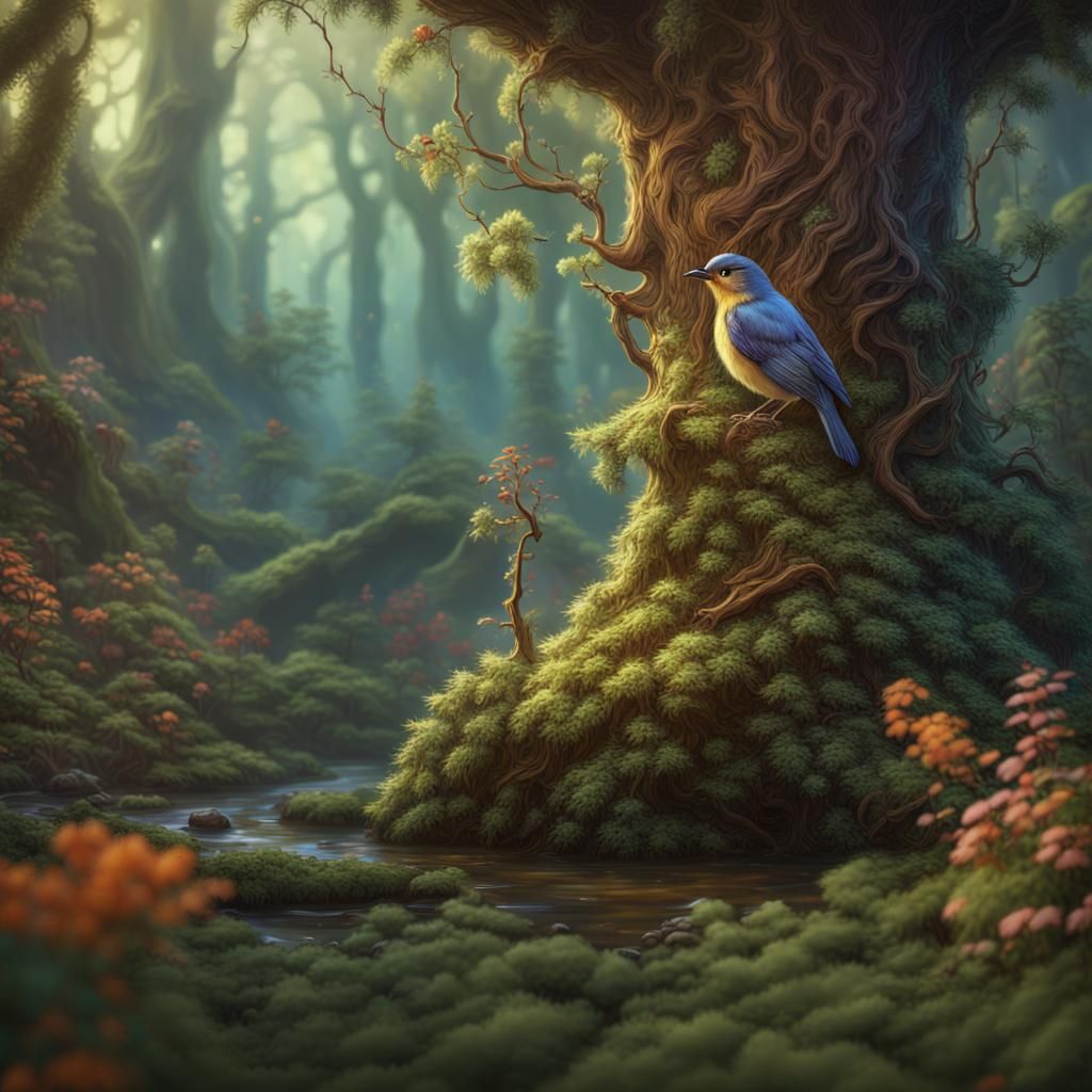 Woodland Bird in Fairy Forest, Edith Holden Style