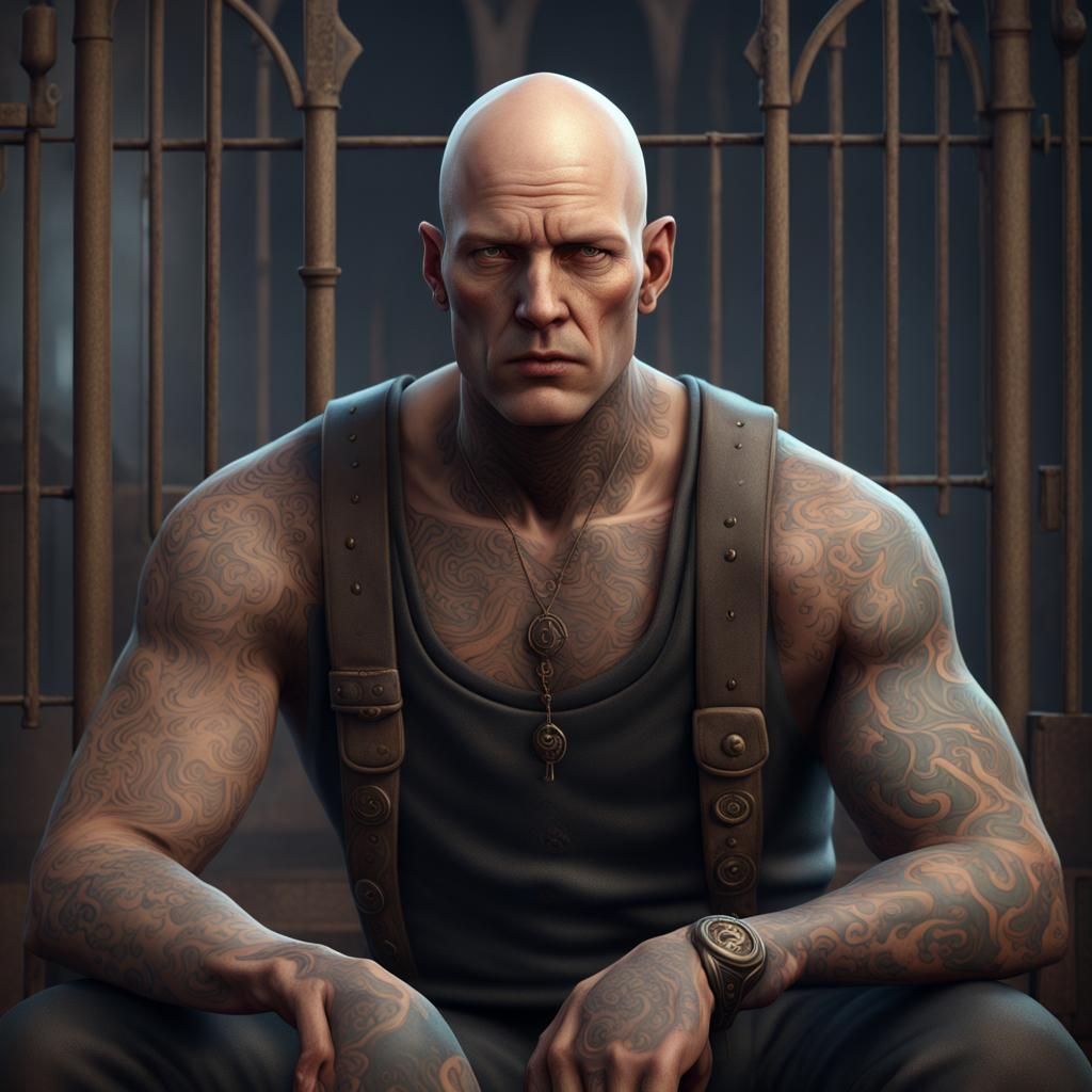 Bald, Tattooed Prisoner in Detailed Matte Painting