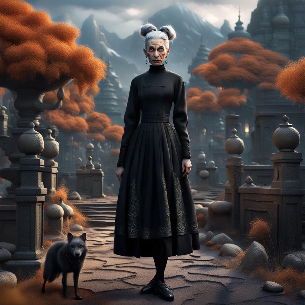 Wolf-Eyed Woman in Black Dress: Detailed Fantasy Art