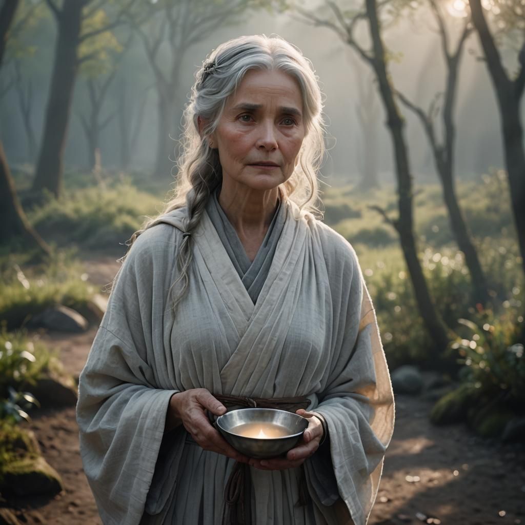 Goddess Nerith in Misty Landscape, Cinematic Still