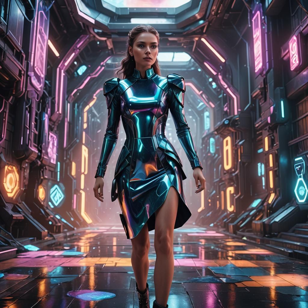 Futuristic Woman in Holographic Dress