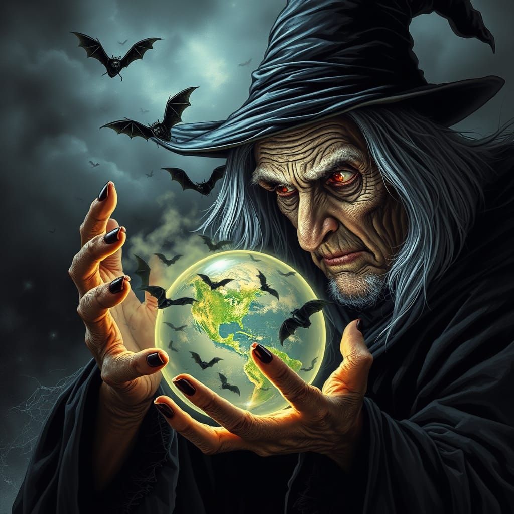 Witch Gazing into Crystal Ball with Bats