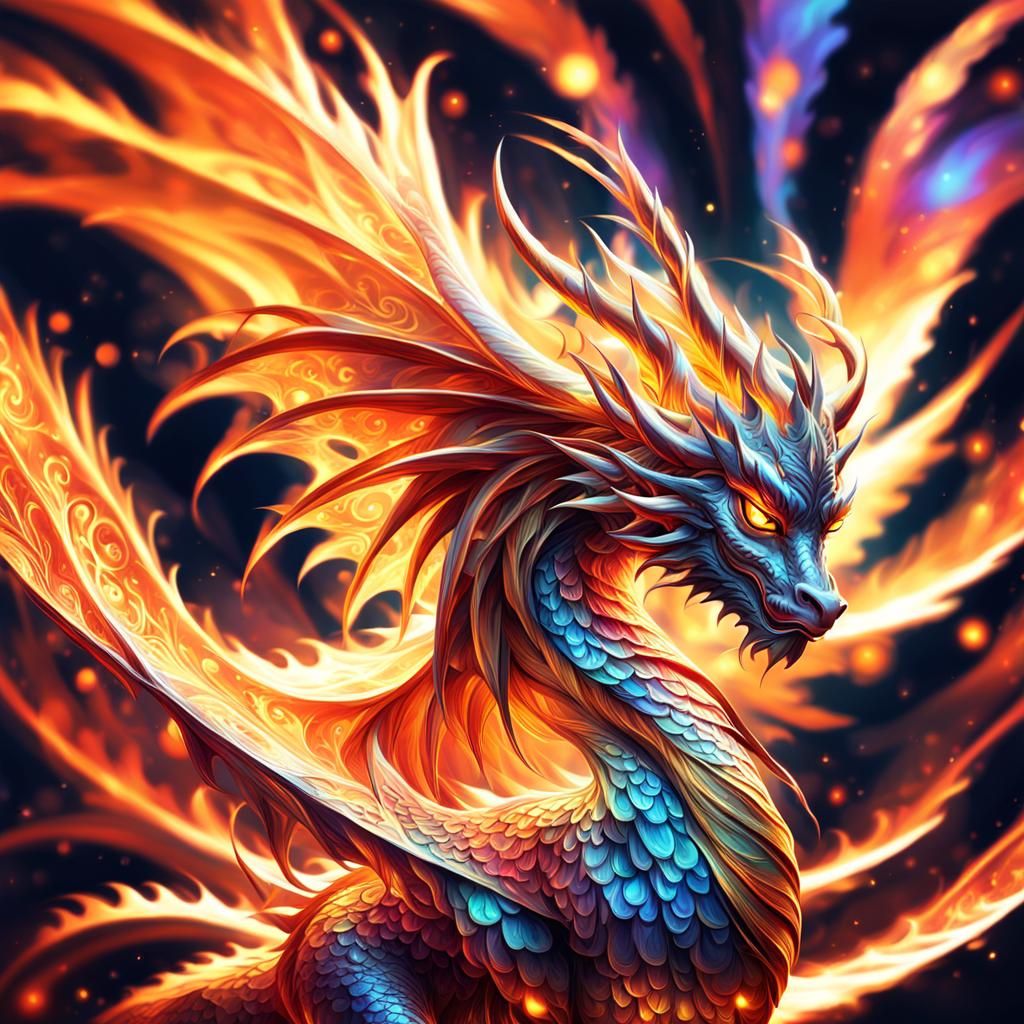 Dragon Girl with Fiery Mane in Fractal Art