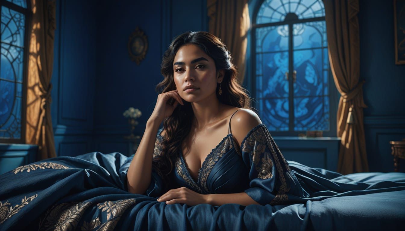 Mexican Woman on Luxury Bed, Detailed Digital Painting