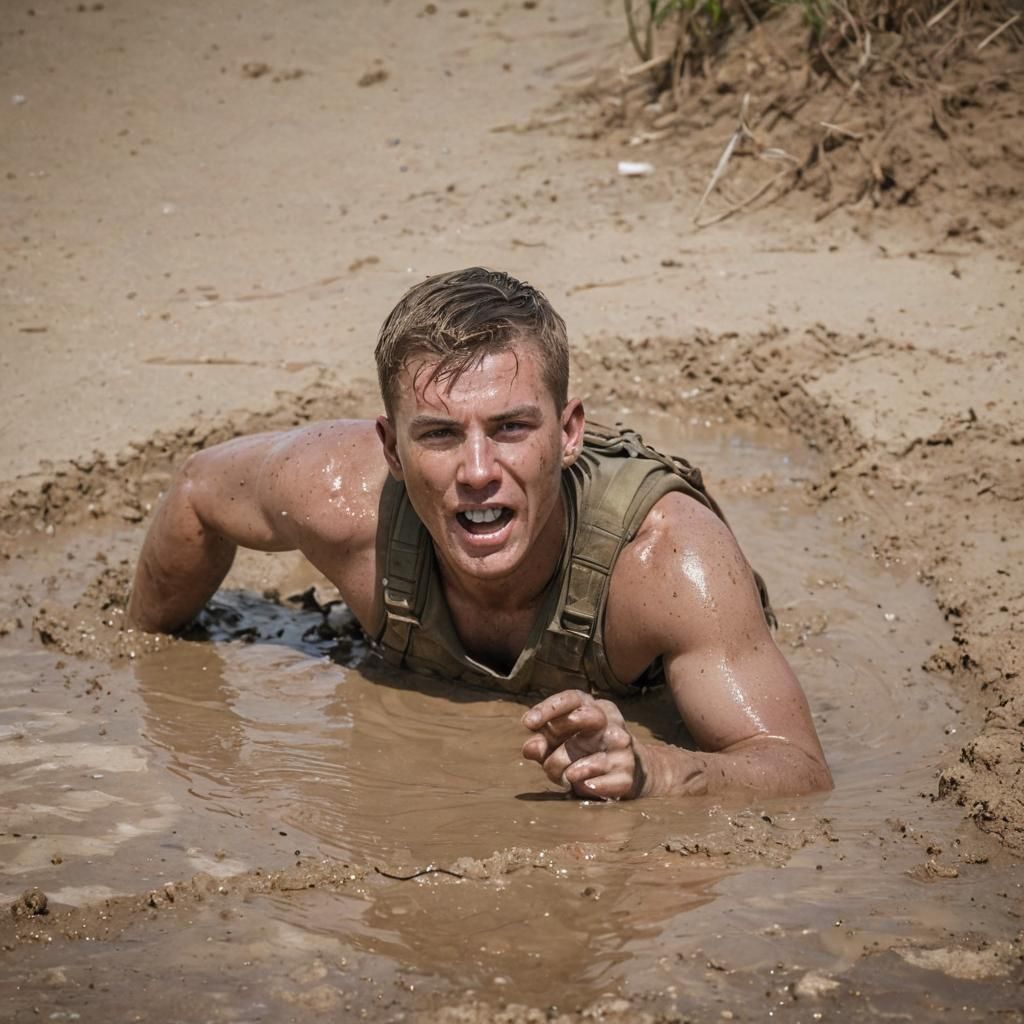 American Soldier Sinking in Quicksand: High-Contrast Photogr...