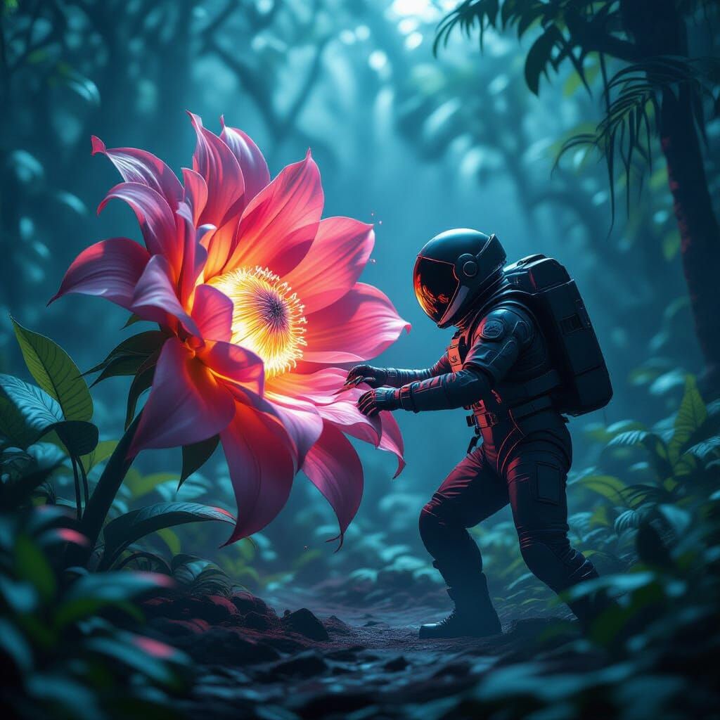 Astronaut vs Carnivorous Flower in Noir Jungle