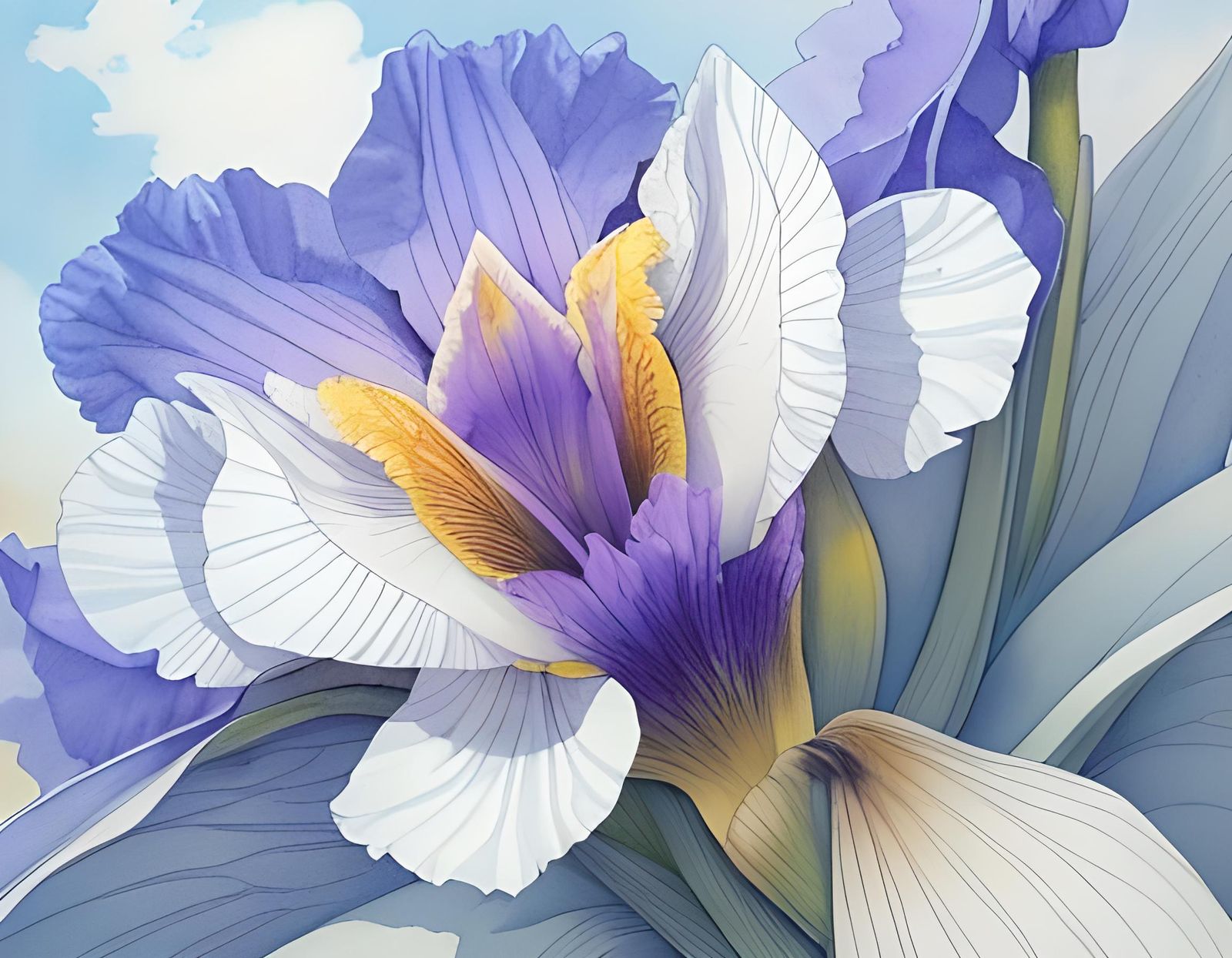 Blooming Iris Sibirica Flower in Watercolor Illustration