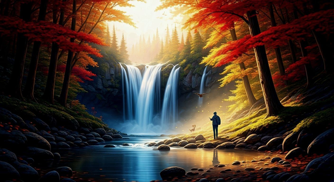 Majestic Autumn Waterfall with Wildlife Silhouettes