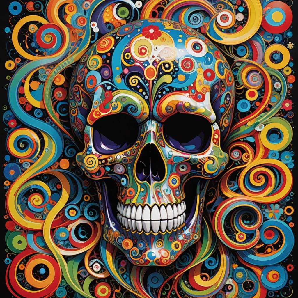 Vibrant Cyberpunk Skull on Swirling Abstract Background