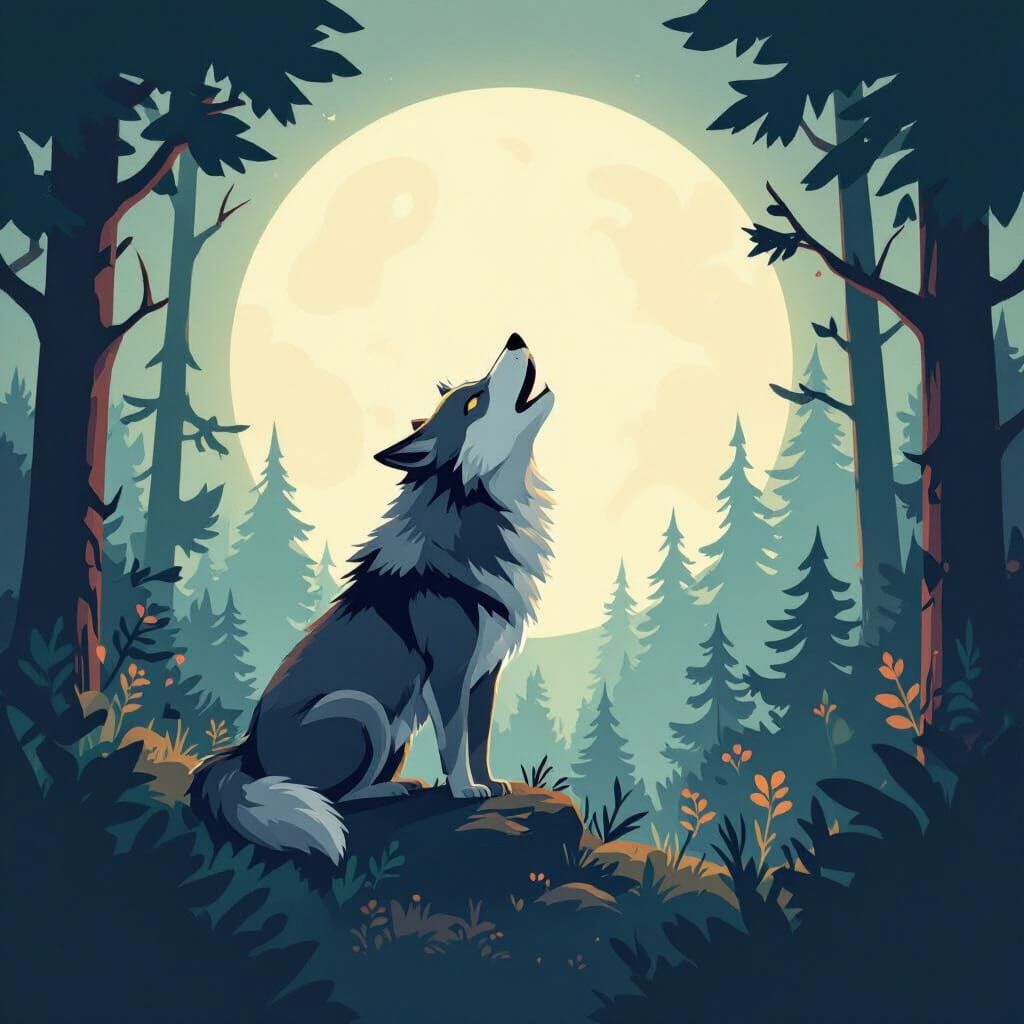 Whimsical Wolf Howling at Moon in Forest Style