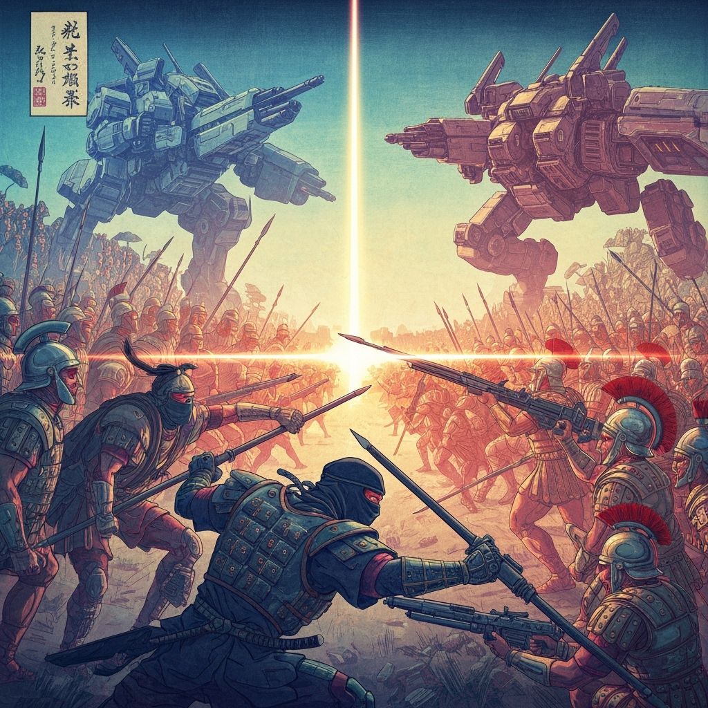 A war scene in futuristic surreal ukiyo-e style paint.. and ...