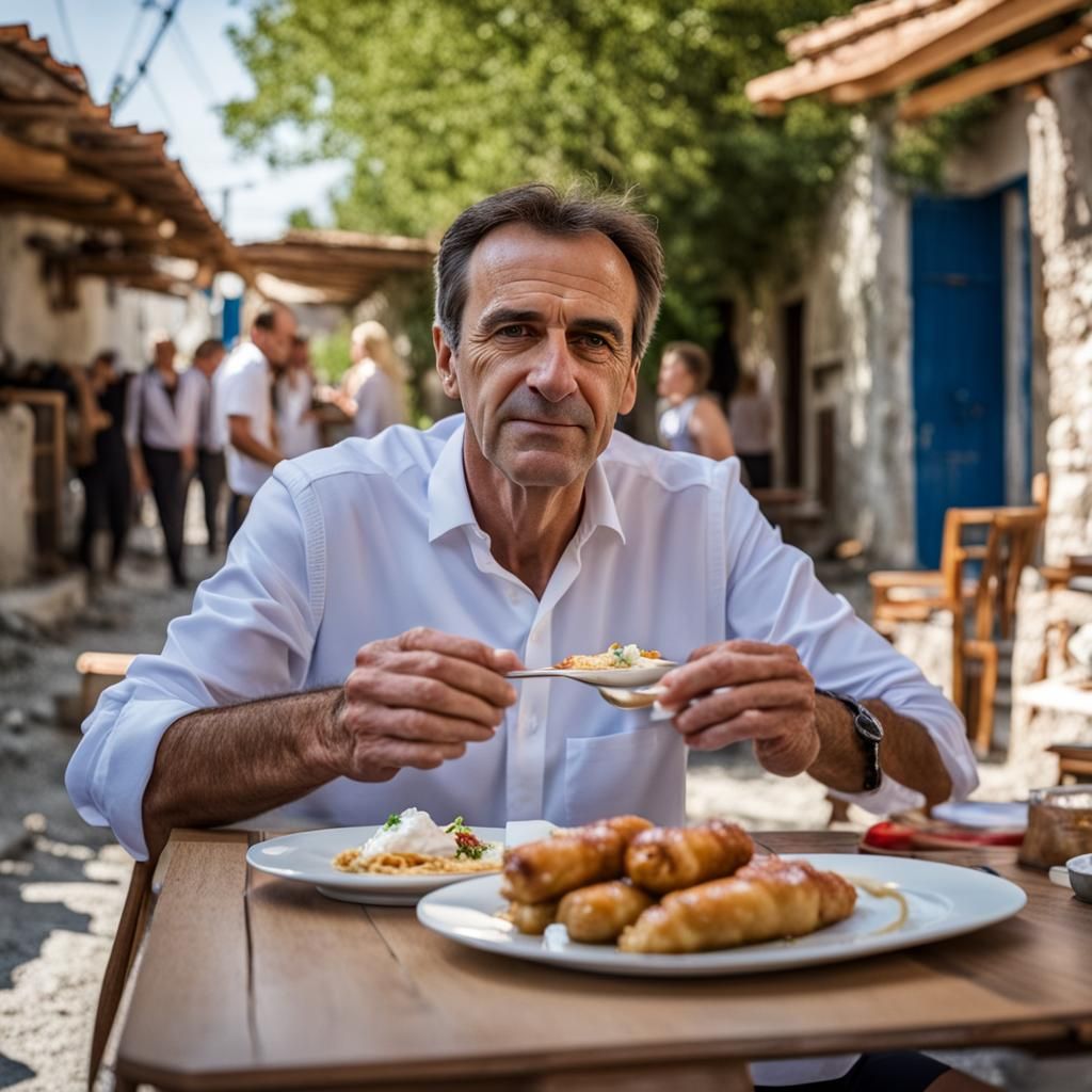Man Eating Souvlaki in Sunny Village