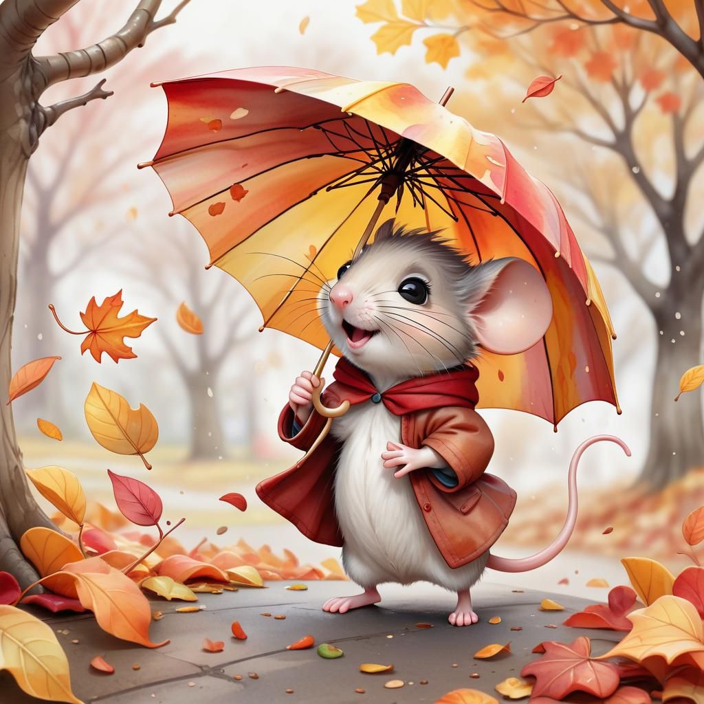 Whimsical Mouse Rides Autumn Breeze in Watercolor Illustrati...