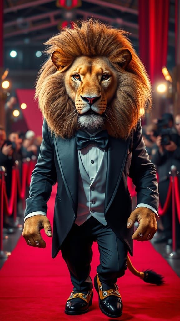 Regal Lion Strolls Futuristic Red Carpet