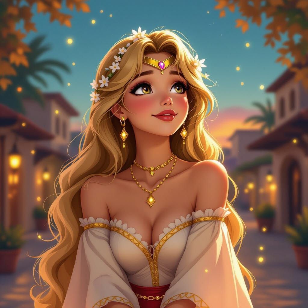 Magical Realism Princess in Desert Market at Dusk