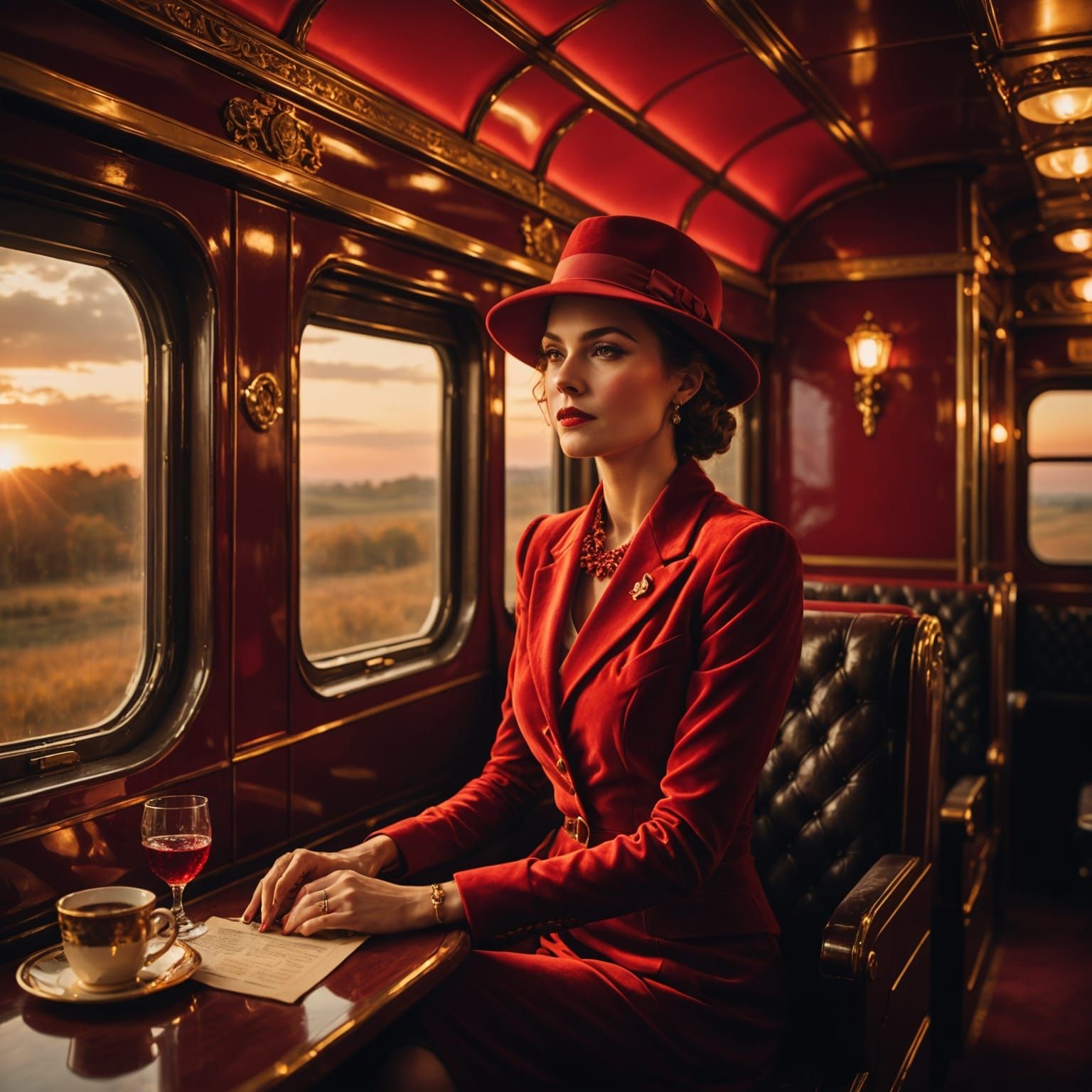 Vintage Train Compartment at Sunset in Cinematic Style