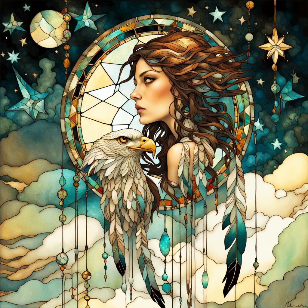 Stained Glass Eagle Dream Catcher in Watercolor Style