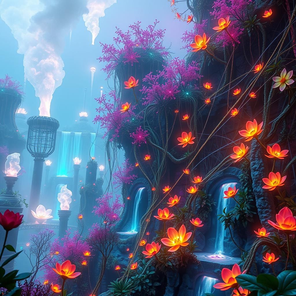 Cyberpunk Fairy Garden Dreamscape in Ethereal Light