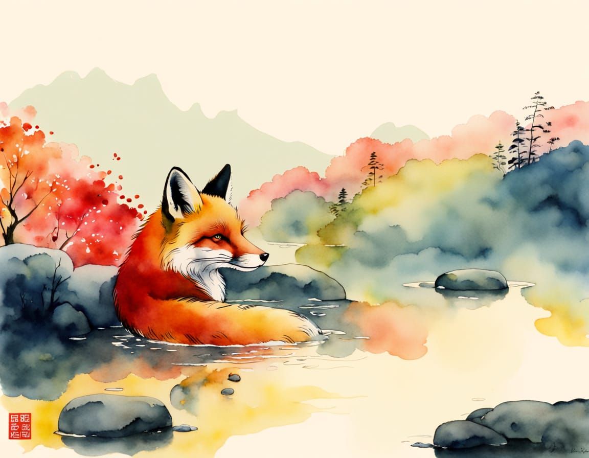 Red Fox in Hot Spring: Chinese Watercolor Painting