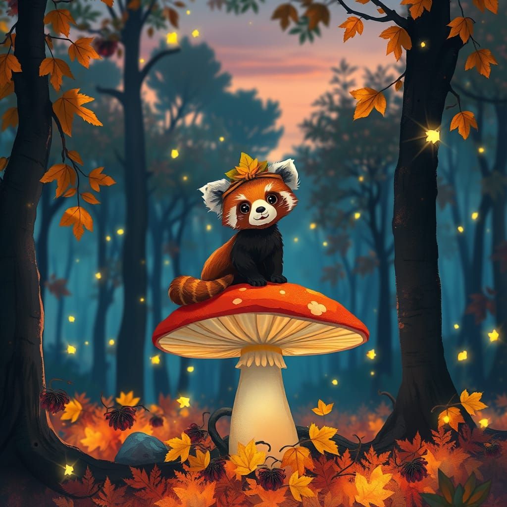 Red Panda Monarch in Enchanted Amber Forest