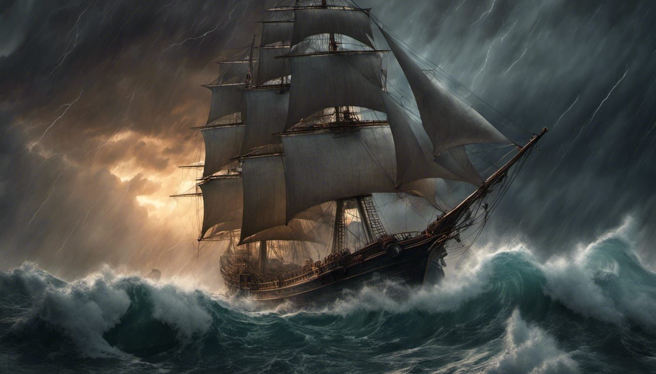 Sailing Ship in Stormy Dark Fantasy Seascape
