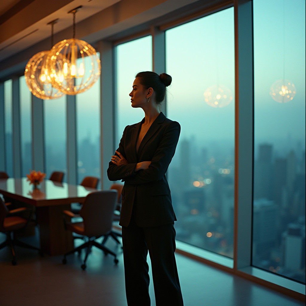 Stylish Businesswoman in Modern Office, Cinematic Film Still