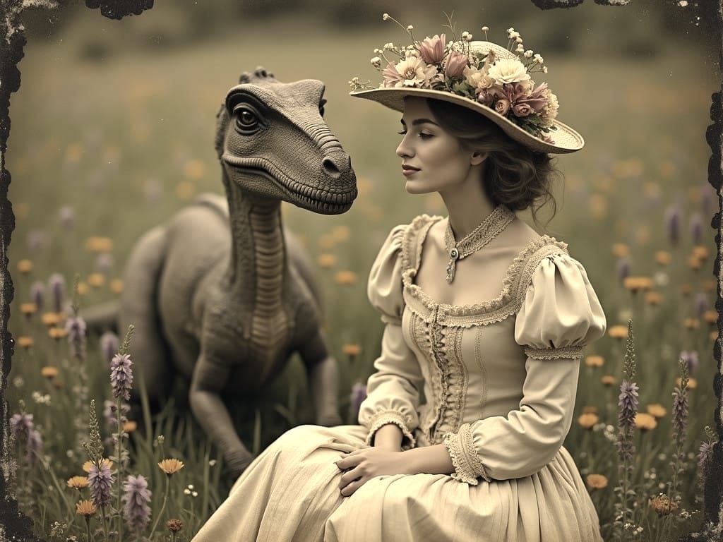 Victorian Woman Poses with Majestic Dinosaur in Idyllic Mead...