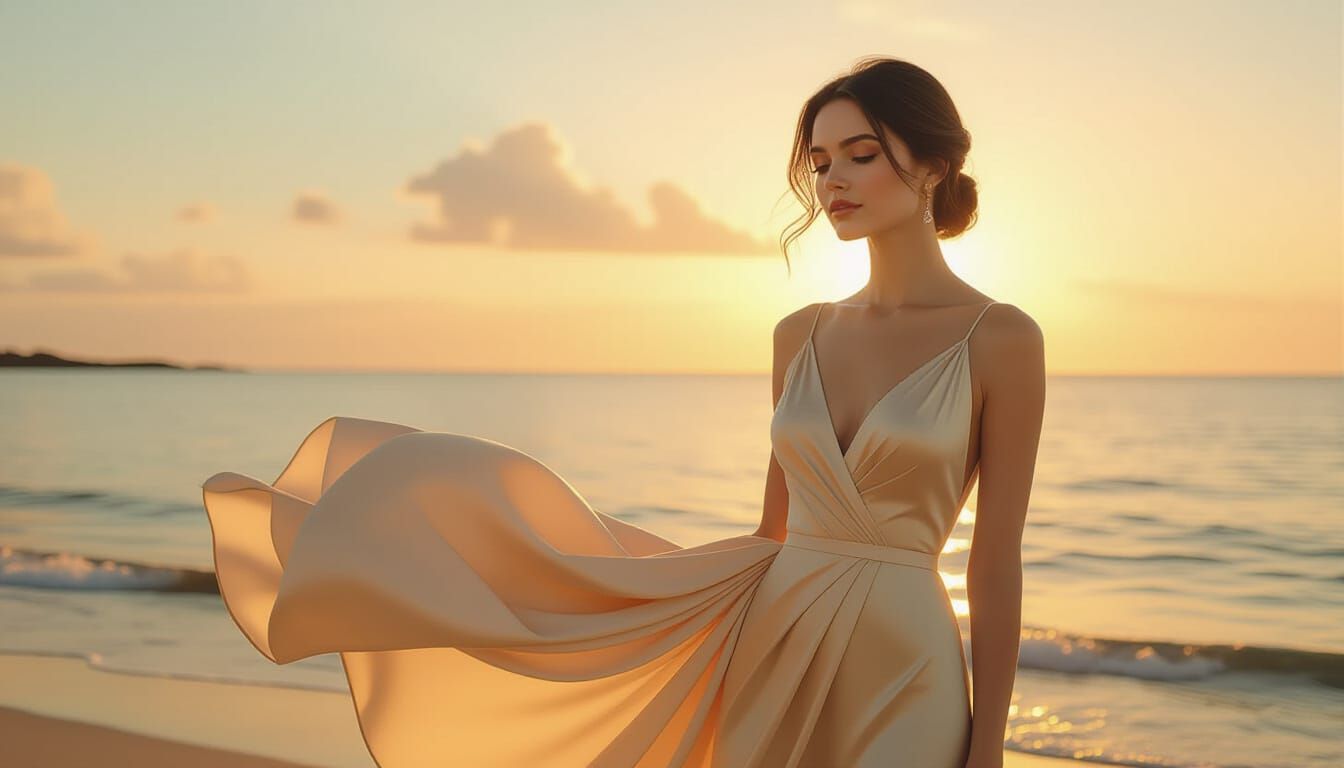 Golden Hour Woman in Silk Dress: Photorealistic Rendering