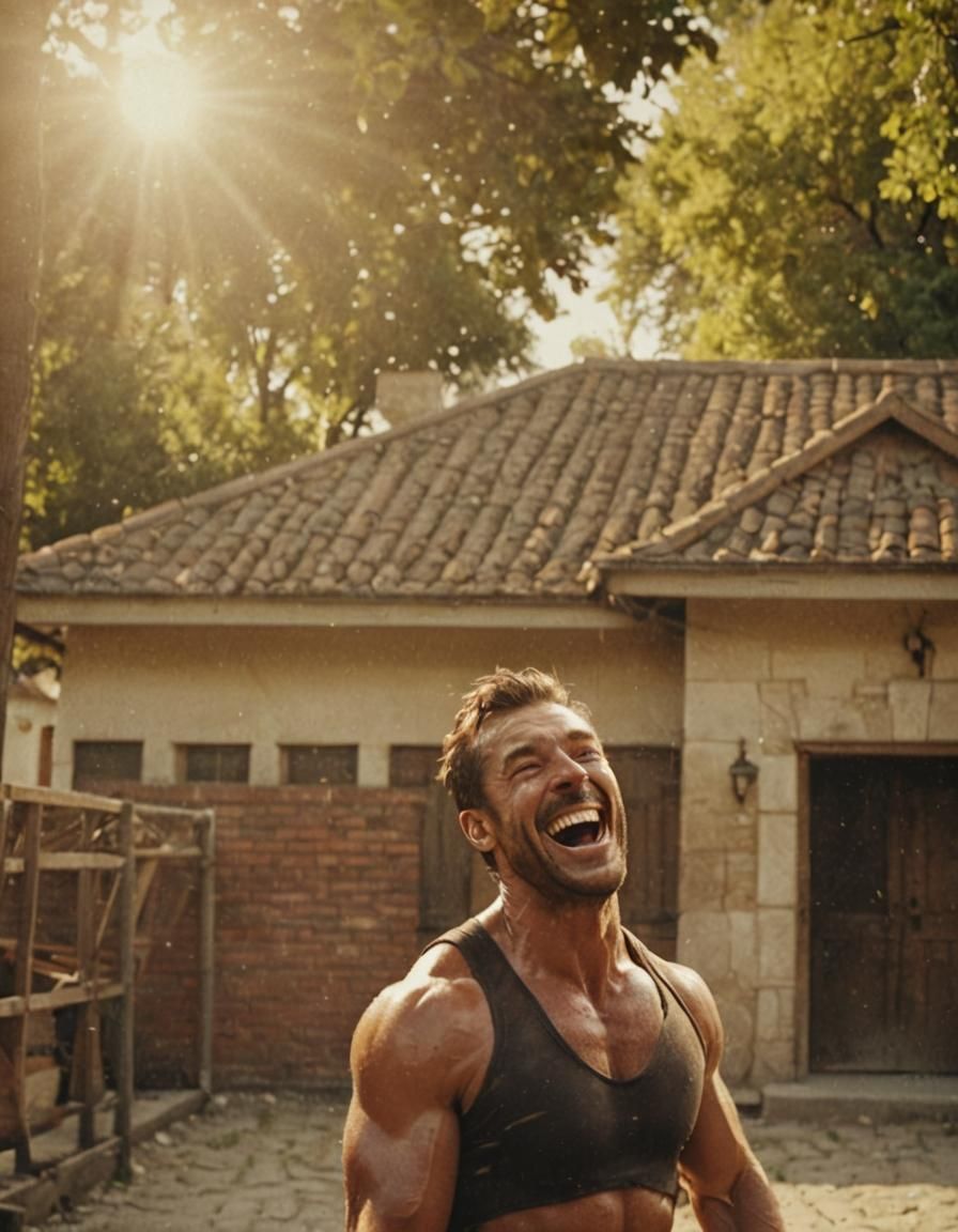 Muscular Man Laughing in Cinematic Style