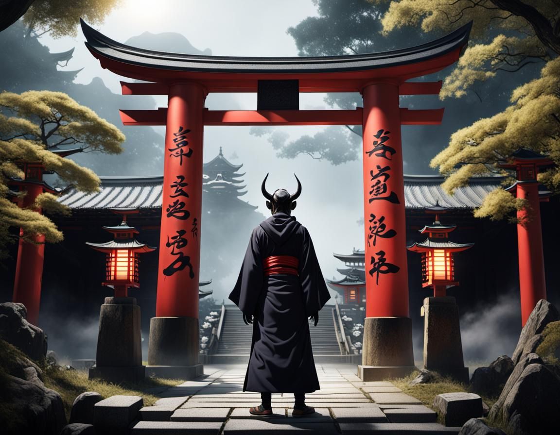 Cloaked Hannya Mask Figure in Torii Gate Portal