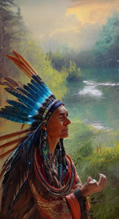 Native American Woman in Impressionist Oil Painting