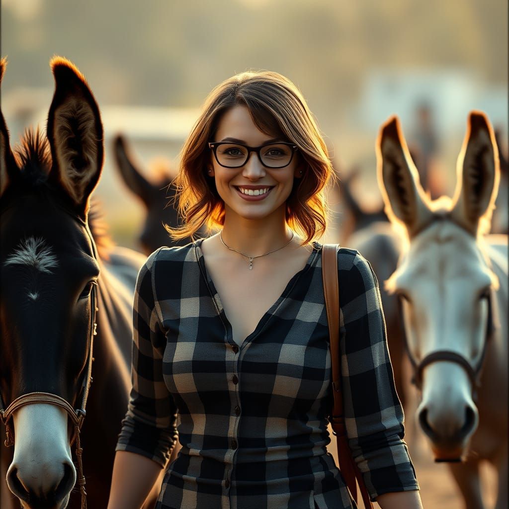 Woman Walking with Donkeys in Cinematic Style