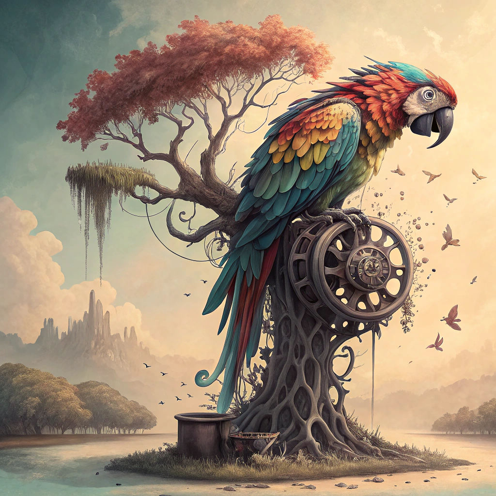 Surreal Parrot on Mechanical Tree, Dali Style
