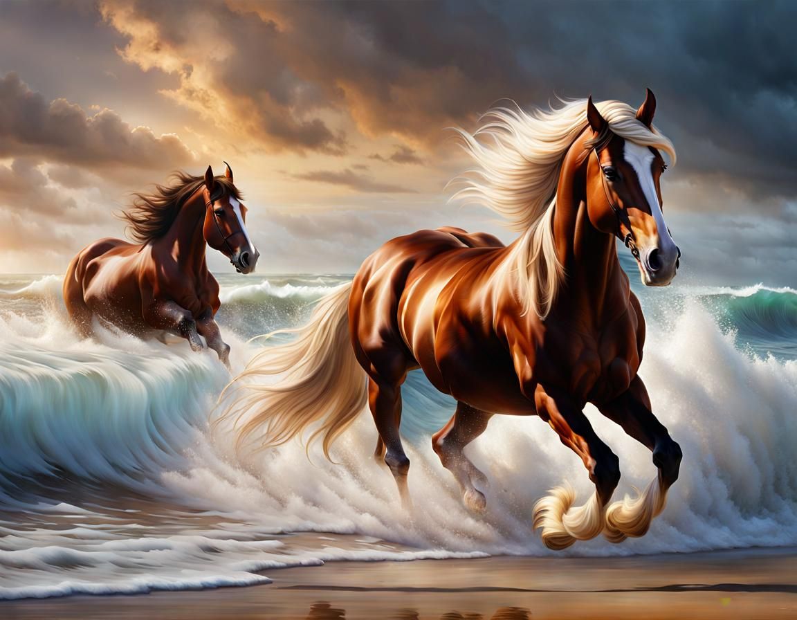 Clydesdale Galloping on Tropical Beach, Digital Art