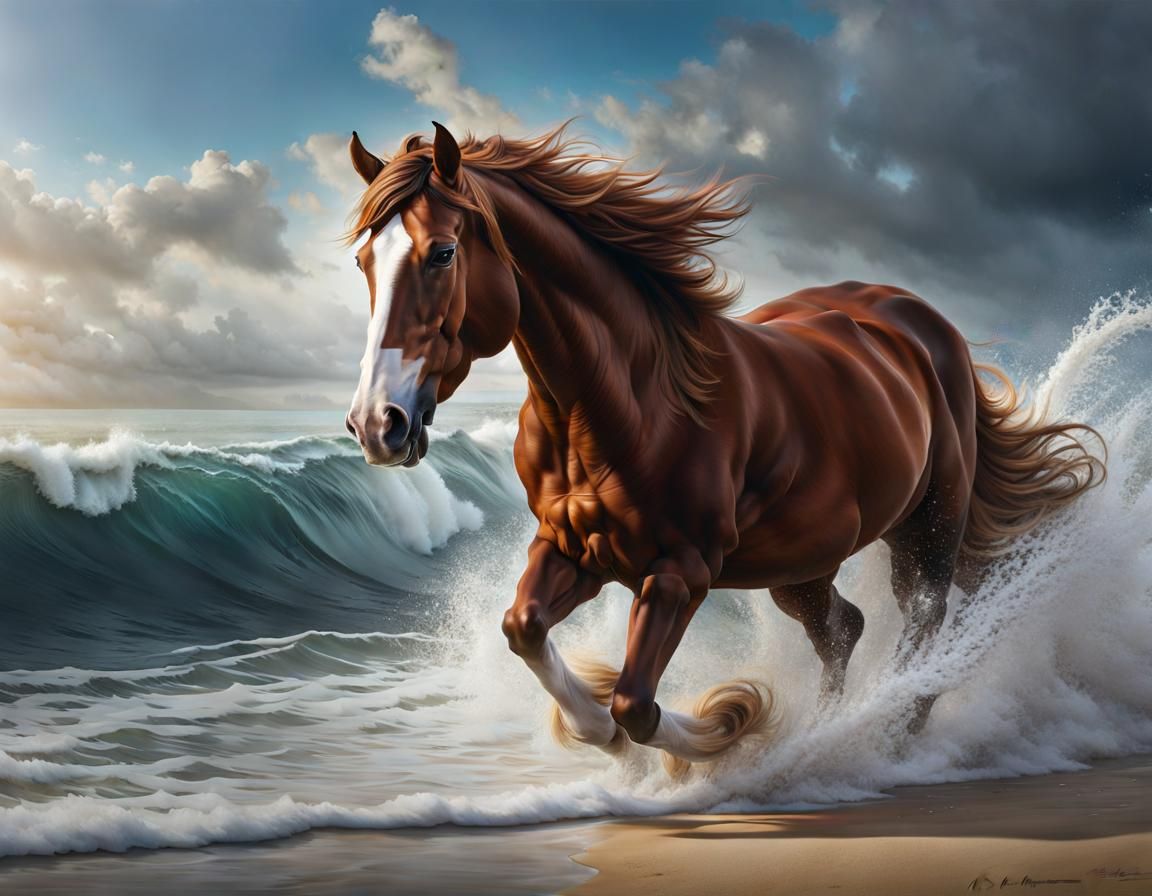 Clydesdale Galloping on Tropical Beach, Digital Art