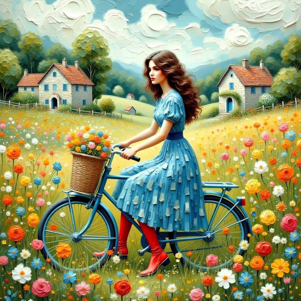 Italian Woman in Wildflower Field: Impasto Painting