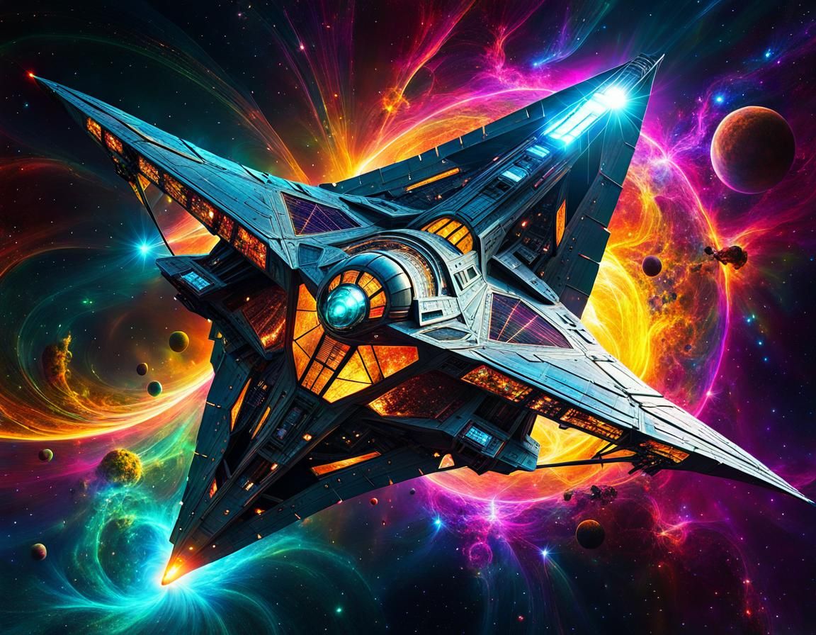 Fractal Cyberpunk Spaceship with Solar Sail in Nebula