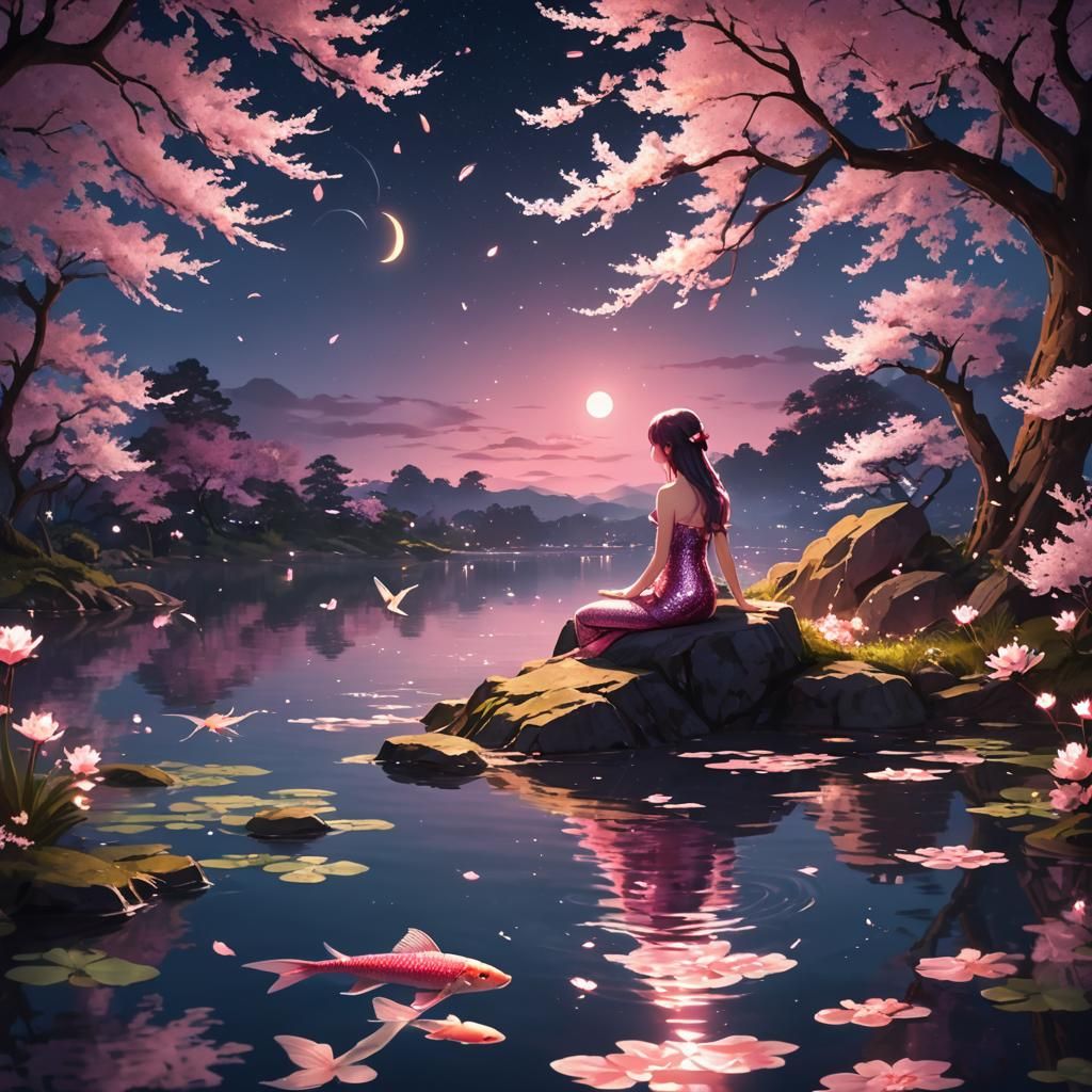 Glittering Mermaid and Koi in Cherry Blossom Lake