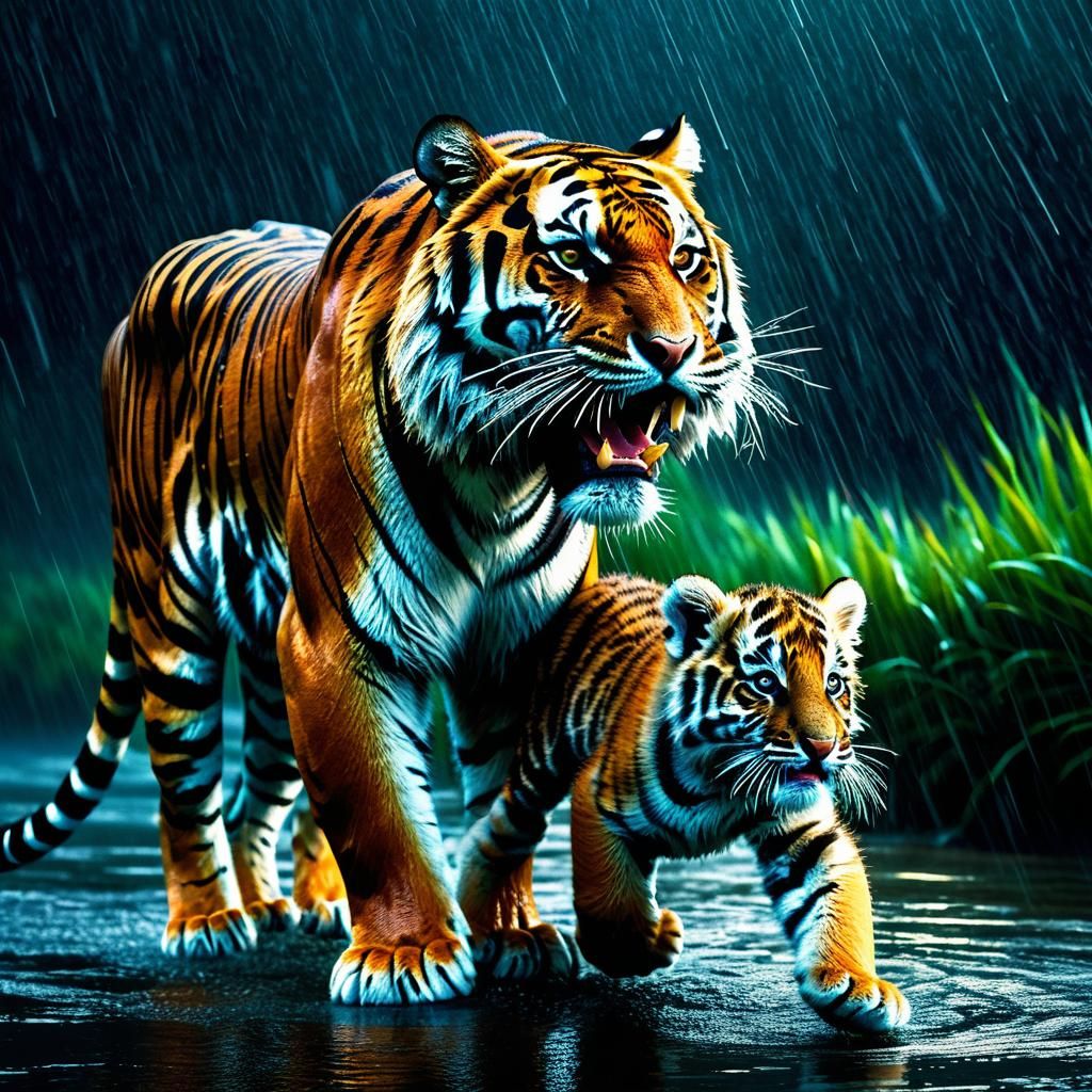 Mother Tiger and Cub in Storm: Fantasy Concept Art