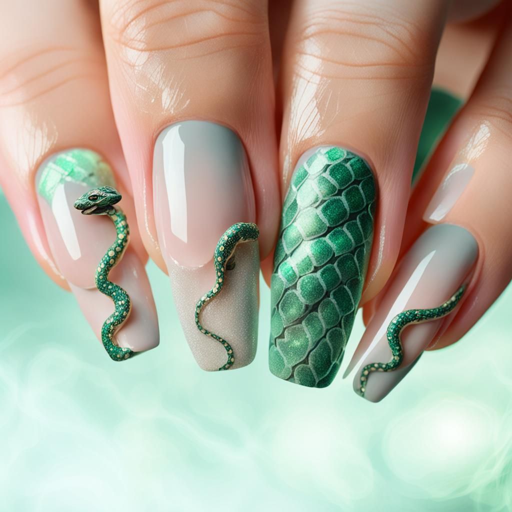 Green Glitter Snake Nail Art, Digital Matte Painting