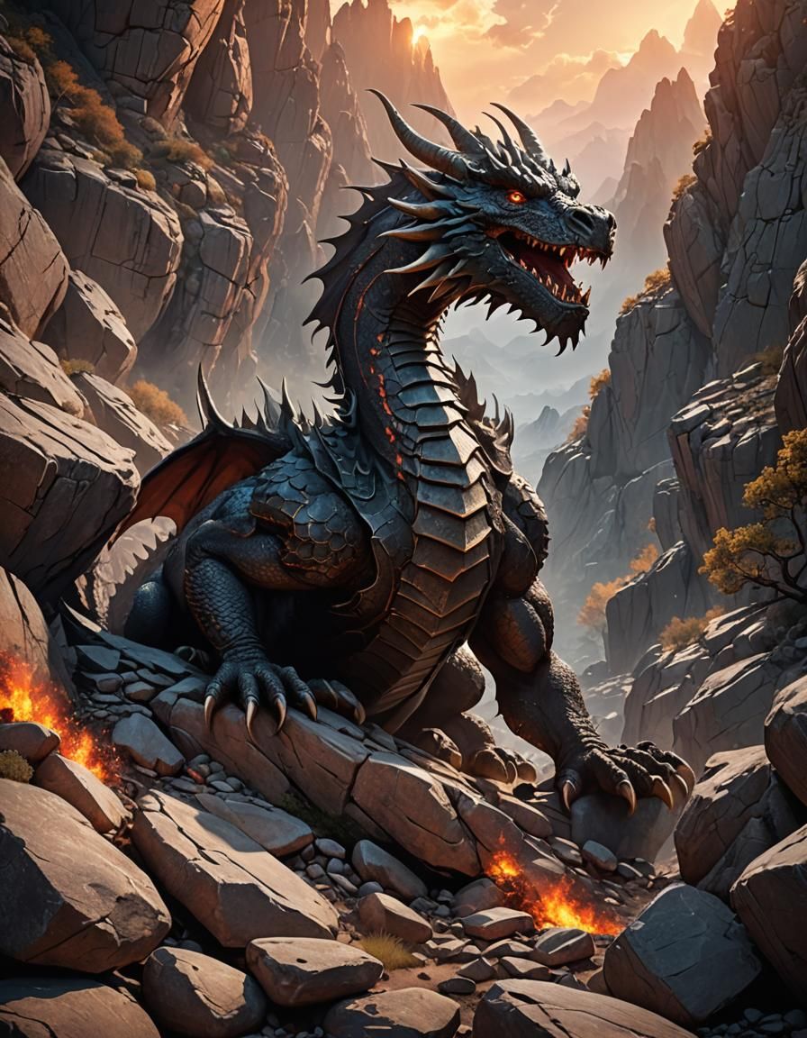 Majestic Rock Dragon Emerges from Mountain, Digital Art