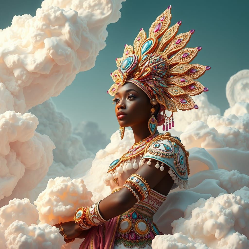 Hyperrealistic Afro-Futuristic Goddess in Ice Cream Clouds