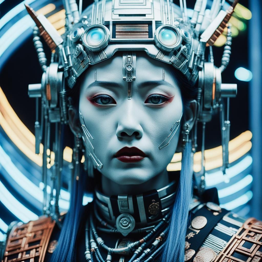 Cyberpunk Shinto Deity Portrait in Retro Polaroid Style