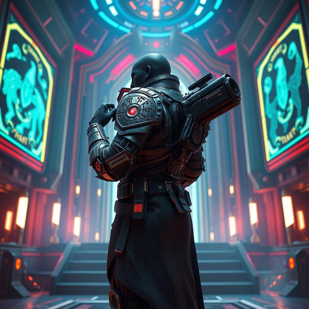 Cybernetic Warrior Guarding Futuristic Throne Room